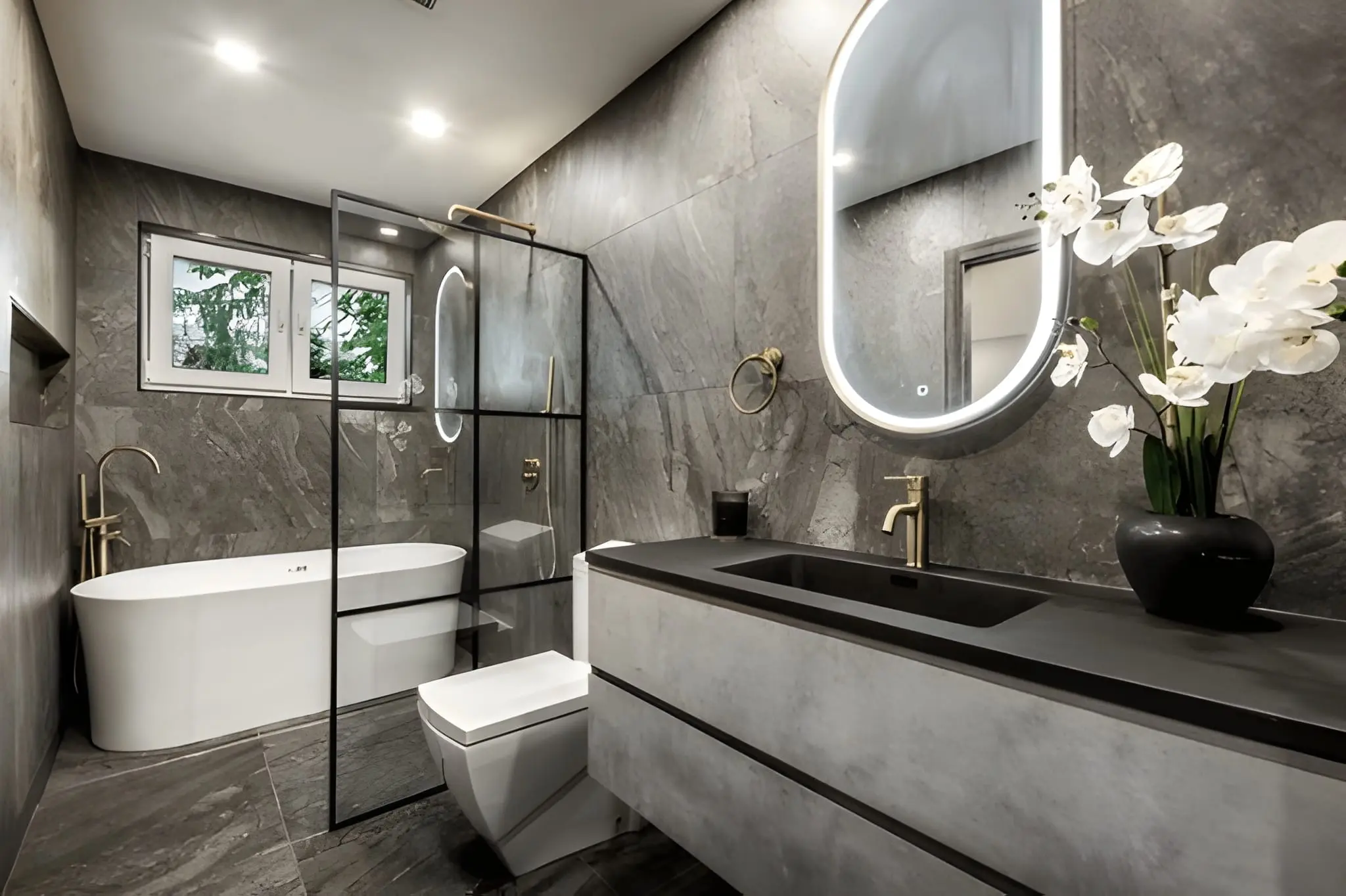 Luxury bathroom upgrade completed by General Contractor in Tarrytown with walk-in shower and elegant design